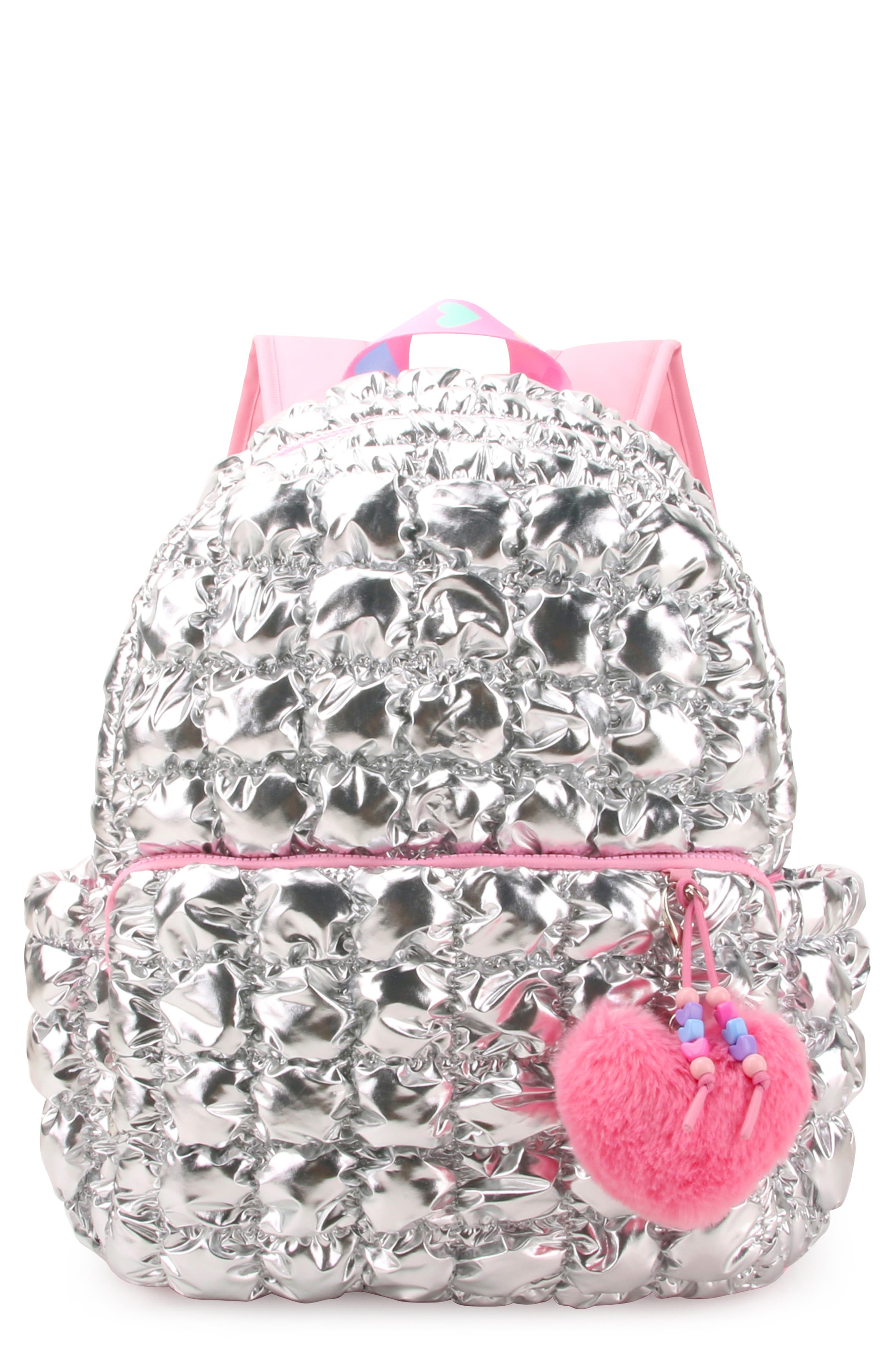 OMG Accessories Kids' Metallic Heart Scrunch Backpack, Main, color, 