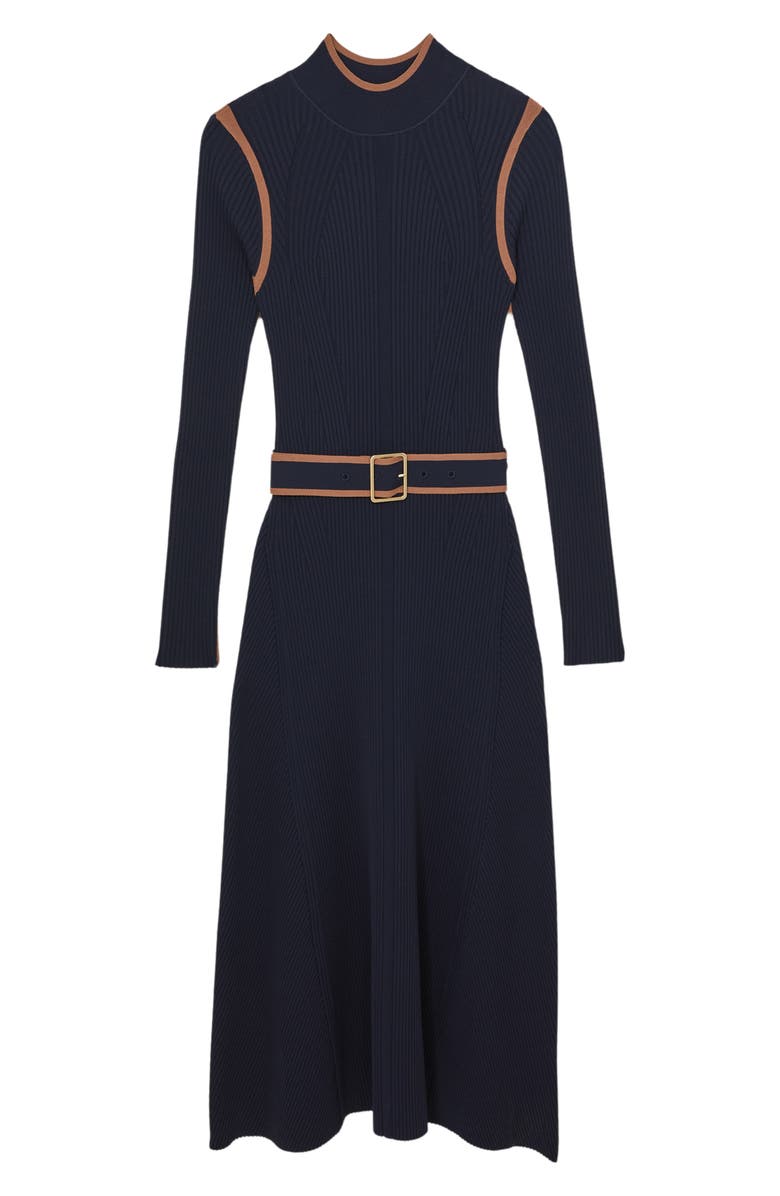 Reiss Ella Belted Long Sleeve Rib Maxi Dress, Alternate, color, Navy/ Camel