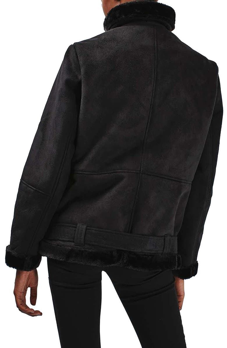 Topshop April Faux Shearling Biker Jacket, Alternate, color, 