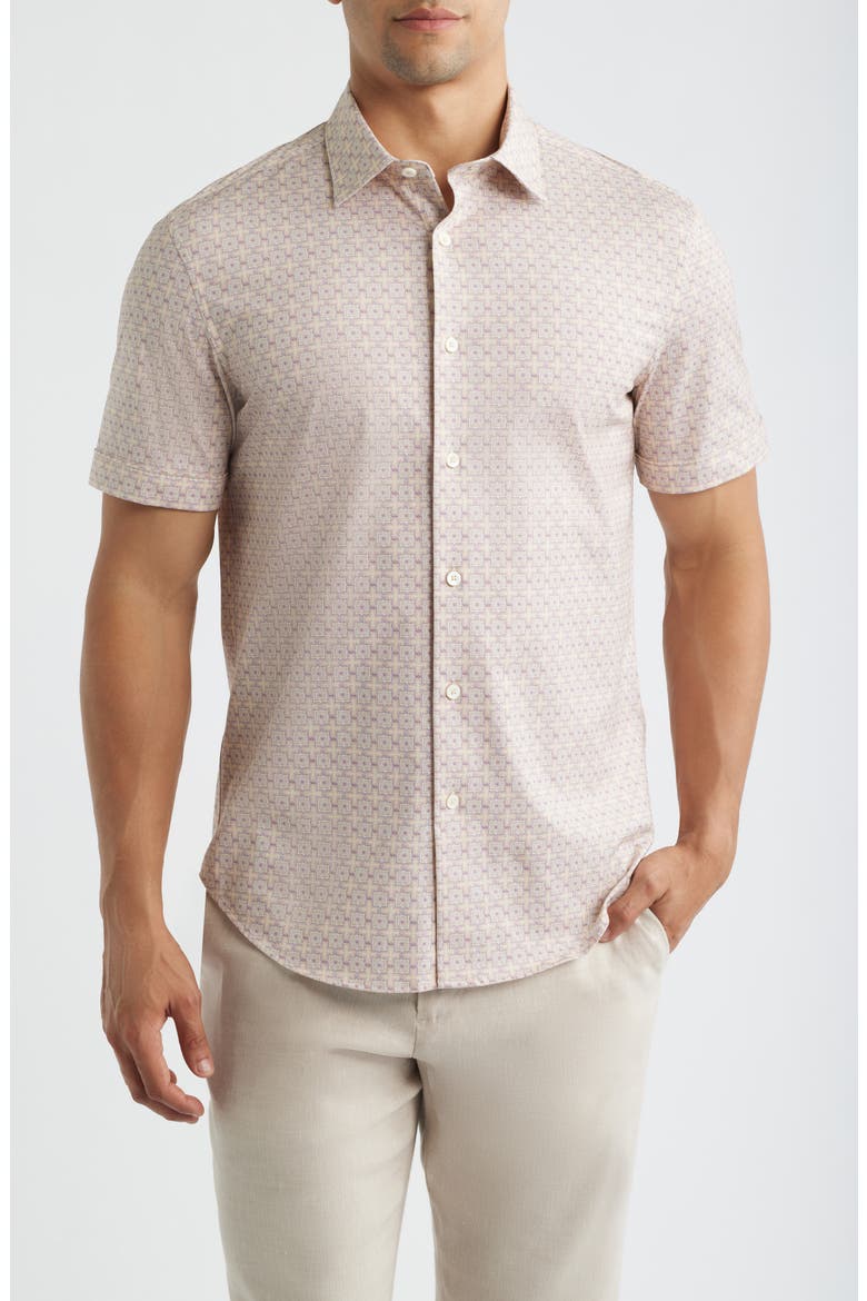 Miles OoohCotton® Geo Print Short Sleeve Button-Up Shirt, Main, color, SIENNA