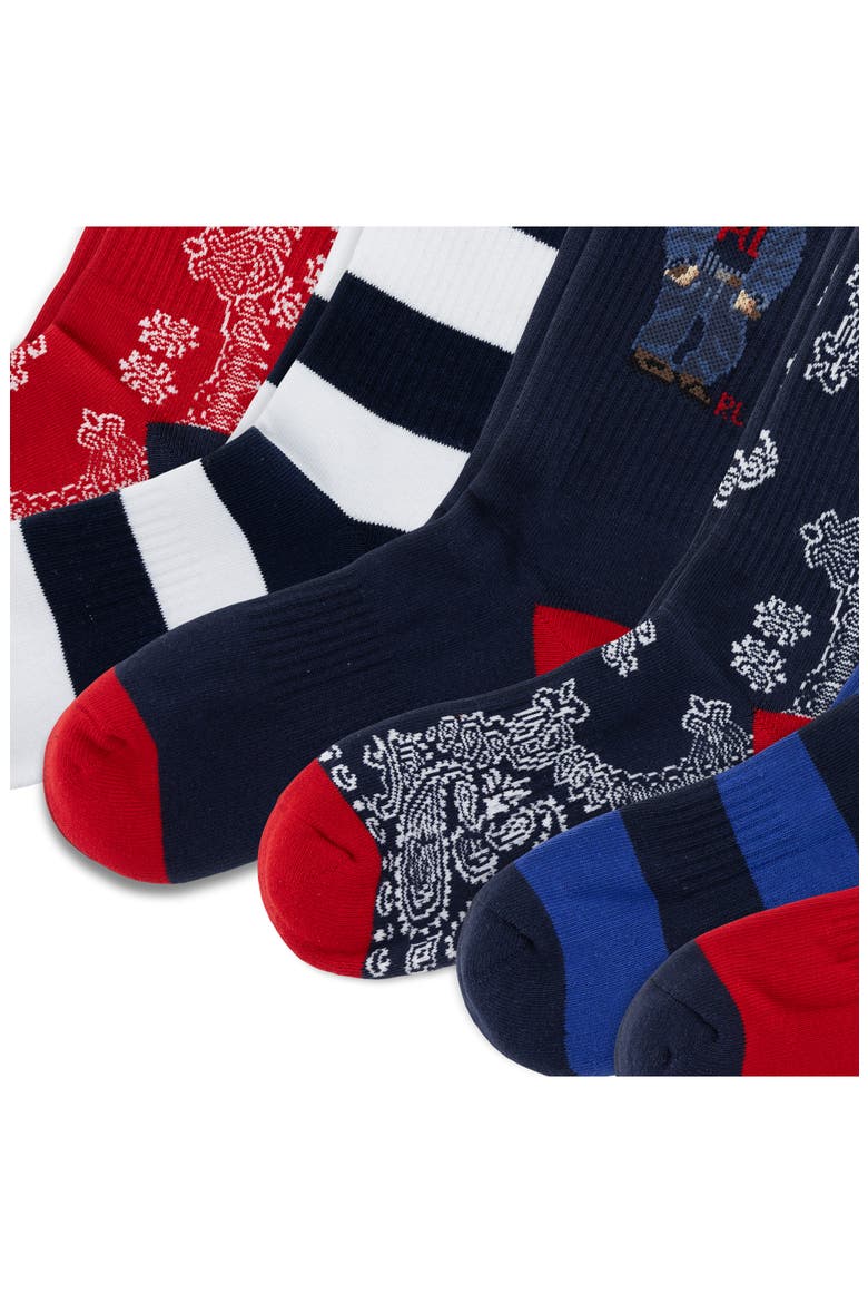 Assorted 6-Pack Stripe, Bandana & Denim Bear Crew Socks, Alternate, color, NAVY