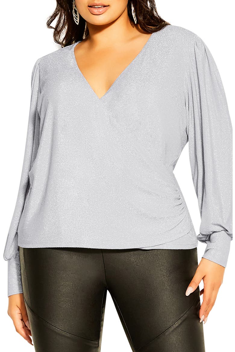 Glowing Shimmer Faux Wrap Top, Main, color, SILVER