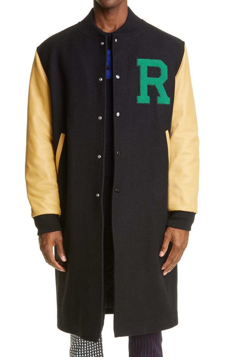 Raf Simons Leather Sleeve Long Wool Bomber Jacket, Main, color, 