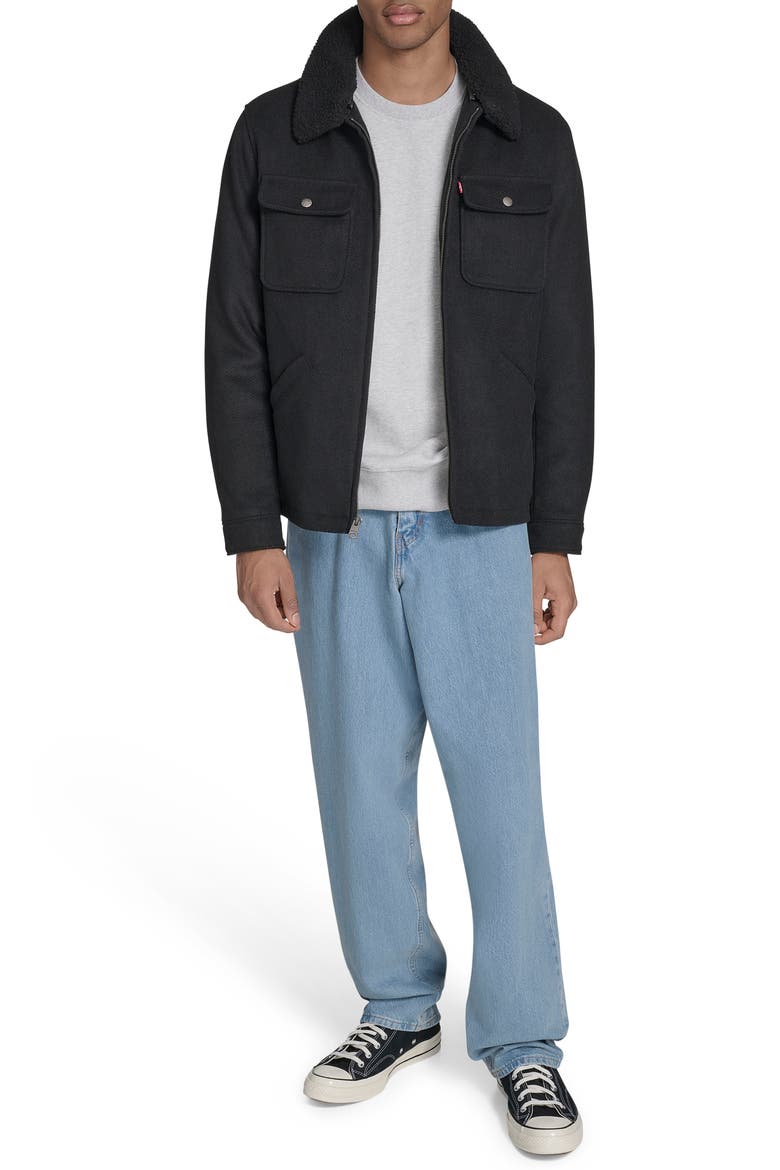 Brushed Twill Depot Jacket with Faux Shearling Collar, Alternate, color, BLACK