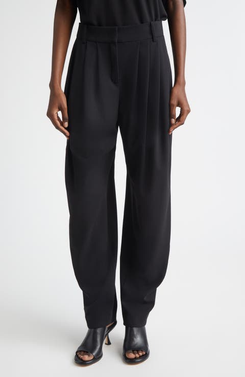 Pleated Wool Stretch Crepe Barrel Leg Pants