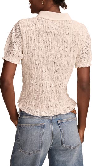 Short Sleeve Smocked Lace Button-Up Shirt