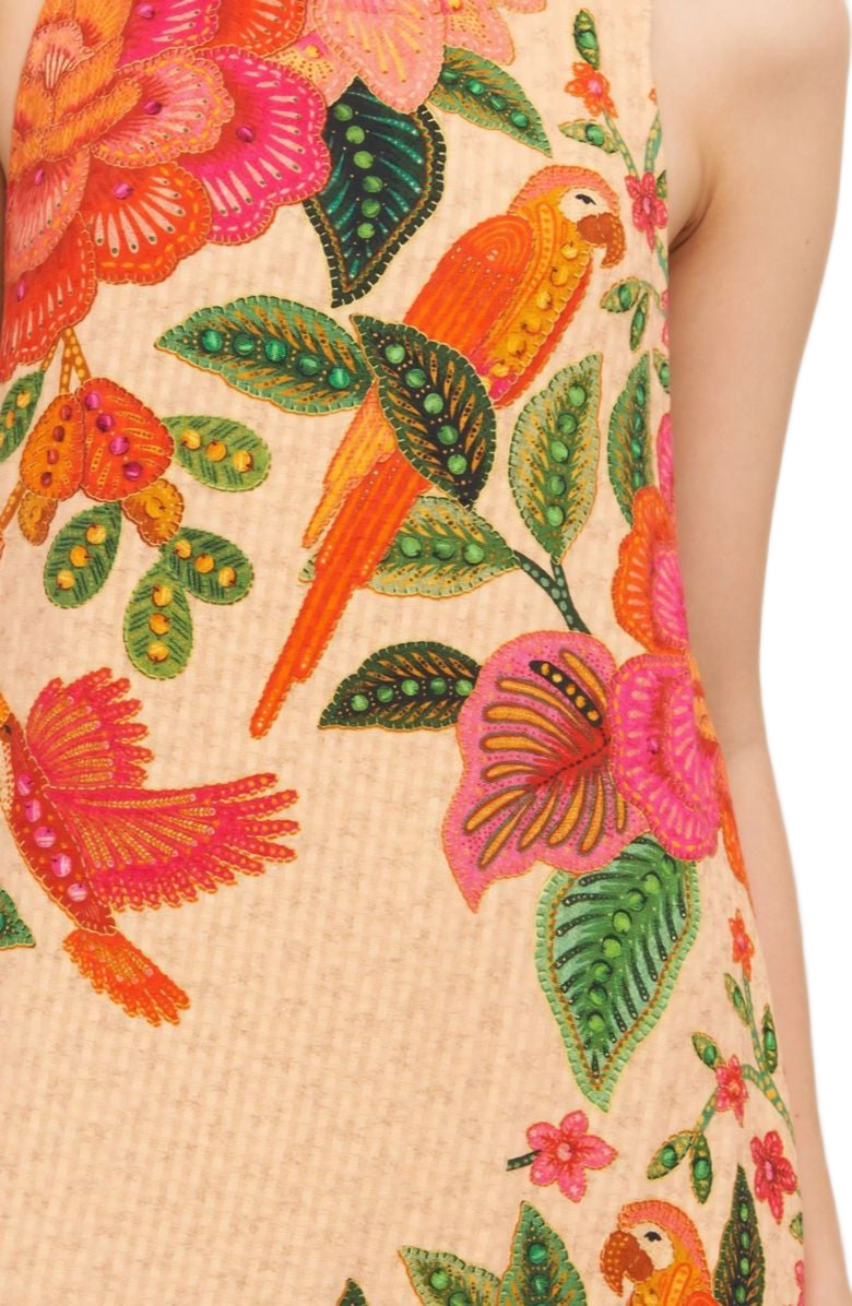 Knit and Lounge Tropical Halter Floral Bird Print Ruffle Hem Sleeveless Maxi Dress, Alternate, color, 