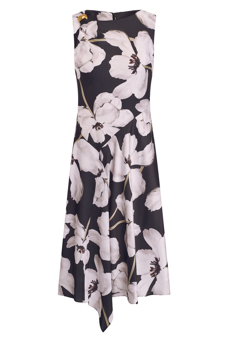 Floral Asymmetric Hem Satin Charmeuse Dress, Alternate, color, BLK/ IVRY M