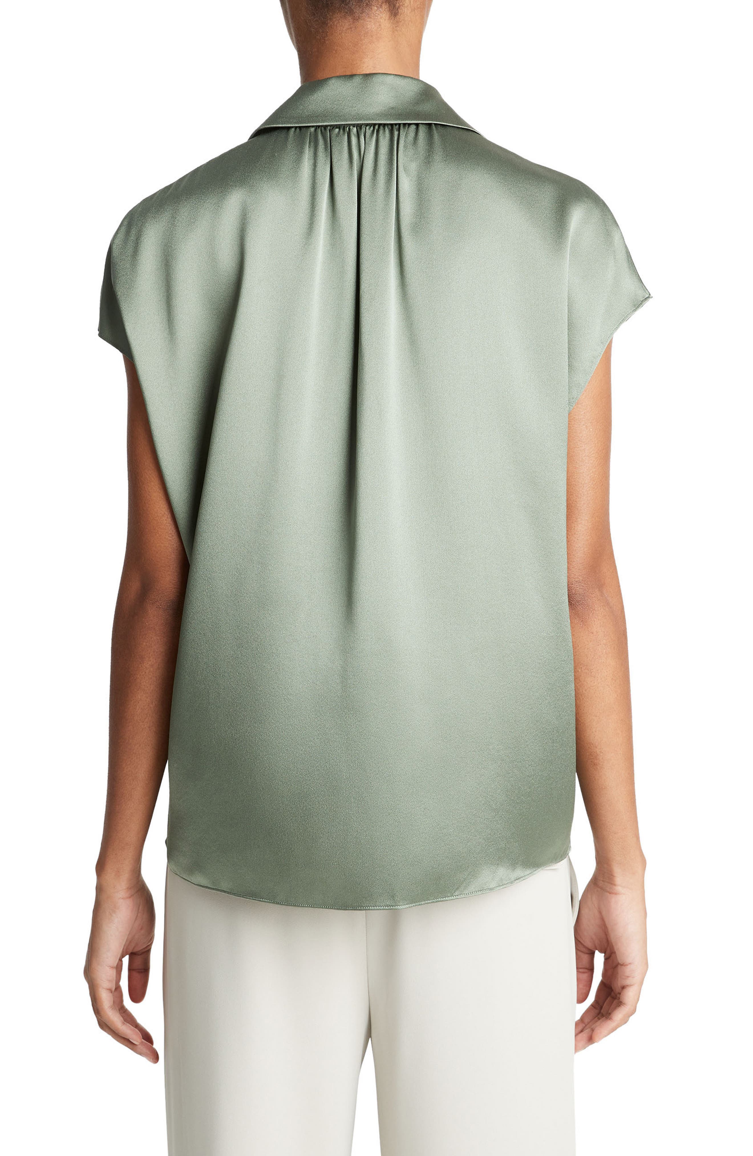 Cap Sleeve Gathered Back Short Sleeve Silk Button-Up Shirt - image 2