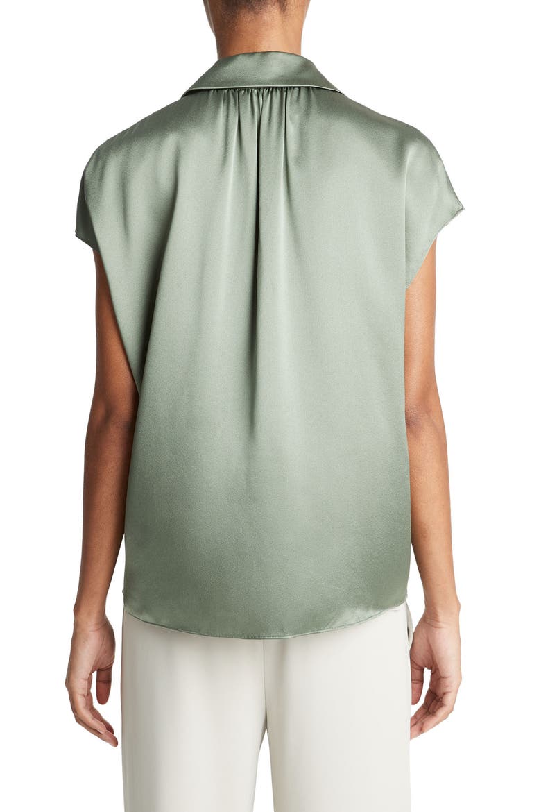 Cap Sleeve Gathered Back Short Sleeve Silk Button-Up Shirt, Alternate, color, SEA FERN