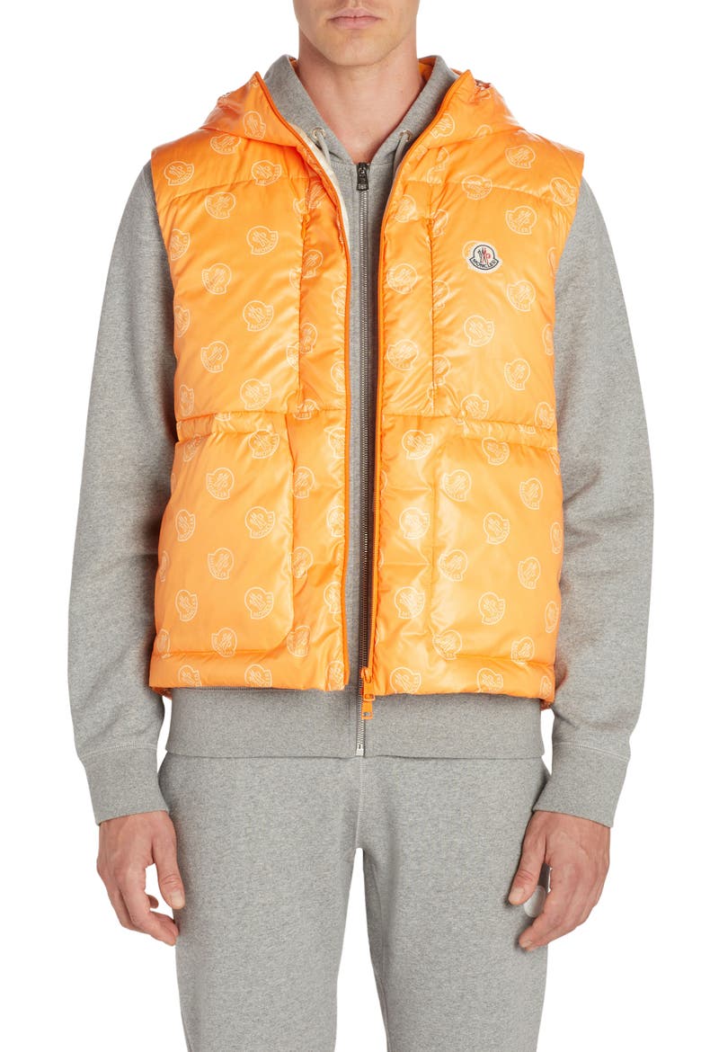 Alkarab Logo Print Hooded Down Vest, Main, color, ORANGE WHITE LOGO PRINT