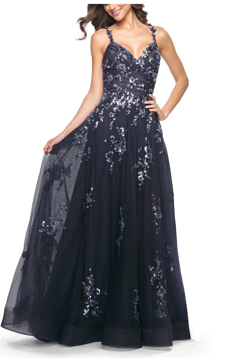 La Femme A-Line Tulle and Floral Sequin Gown with High Slit, Main, color, Navy