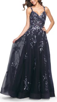 La Femme A-Line Tulle and Floral Sequin Gown with High Slit