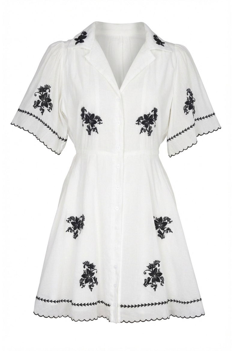 Short-Sleeve Button-Front Embroidered Shirt Dress, Alternate, color, White / Black