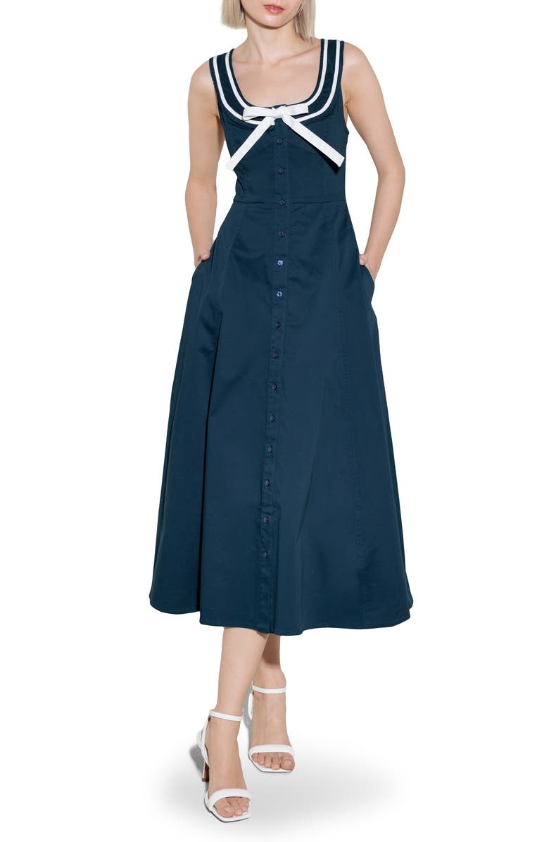 FREEMARKET Sleeveless Fit & Flare Midi Dress, Main, color, Navy/ White