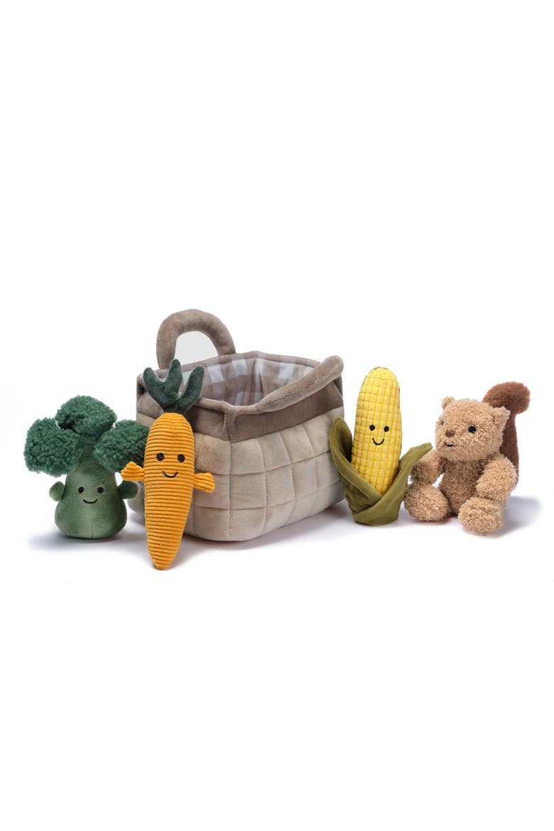 Plush Veggie Basket Play Set with Interactive Stuffed Vegetable Toys, Alternate, color, Grey Multi