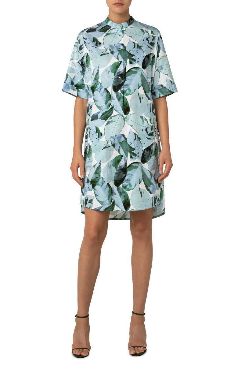 Akris punto Leaf Print High-Low Cotton Shift Dress, Main, color, 