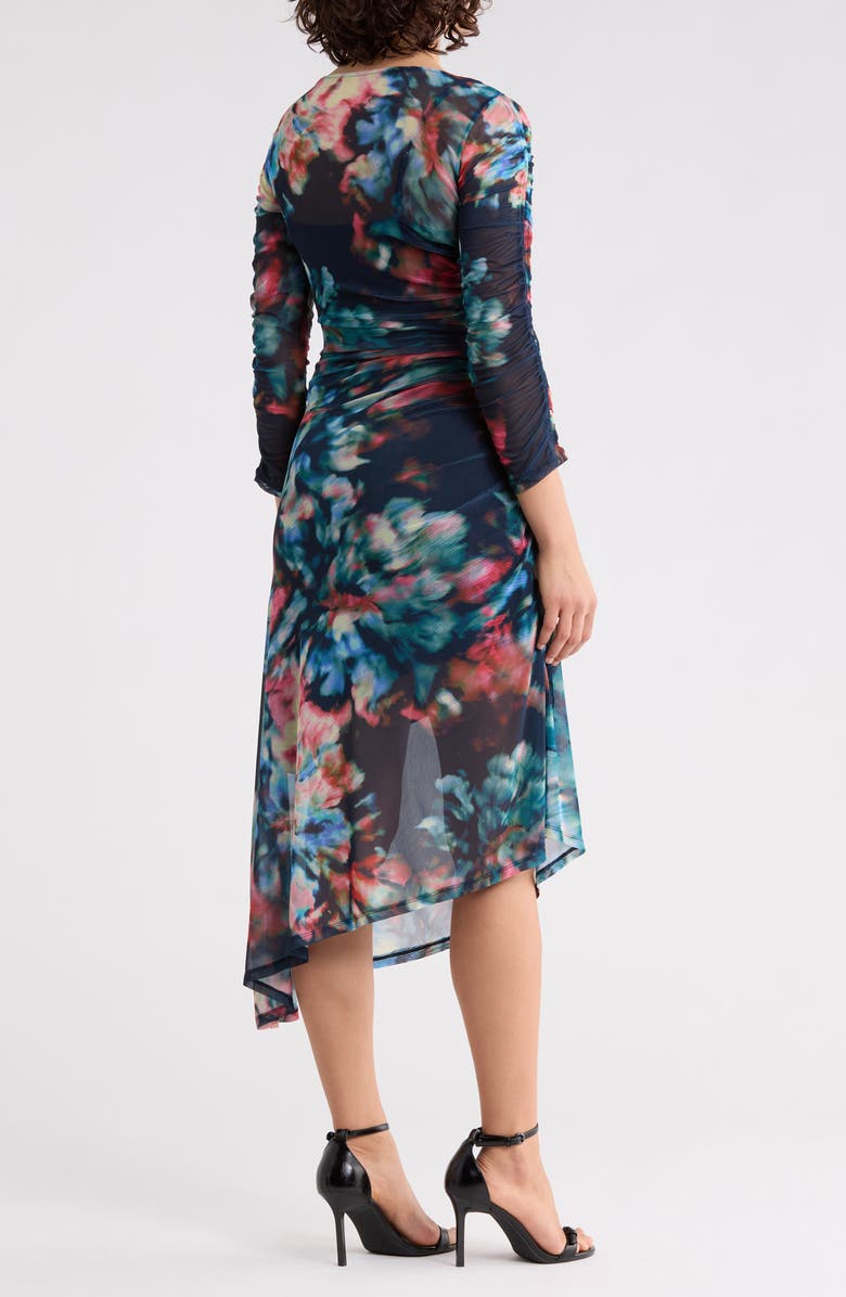 Calvin Klein Mesh Three-Quarter Sleeve Asymmetrical Hem Dress, Alternate, color, Indigo Multi