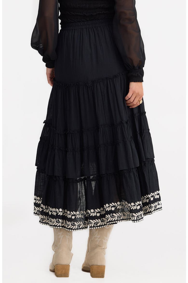 Sassy Tiered Ruffle Embroidered High-Low Skirt, Alternate, color, BLACK W OFF WHITE