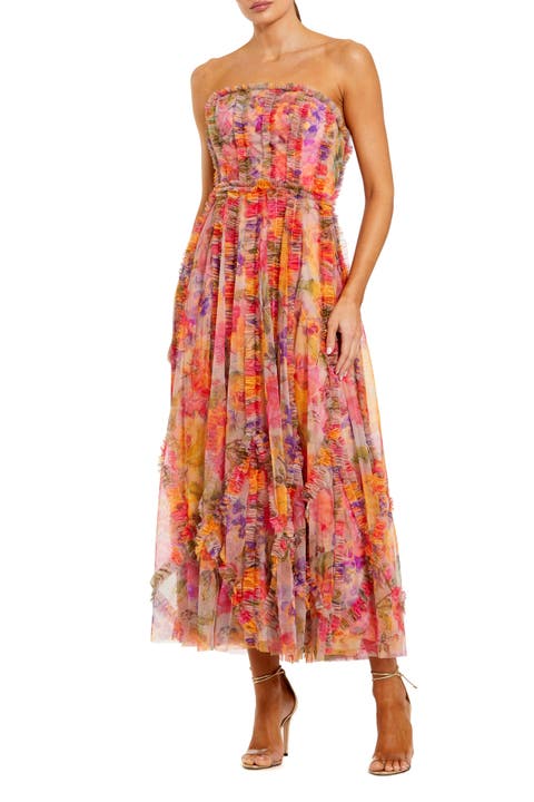 Ankle Length Strapless Floral Ruffle Dress