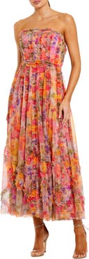 Mac Duggal Ankle Length Strapless Floral Ruffle Dress
