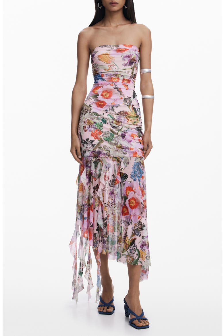 Ruched Ruffle Hem Asymmetric Maxi Dress, Main, color, PURPLE/ RED MULTI