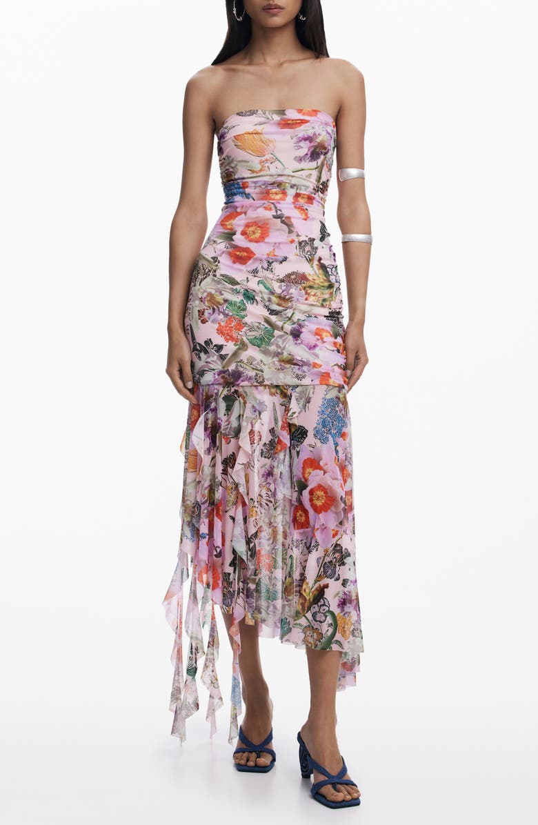 Desigual Ruched Ruffle Hem Asymmetric Maxi Dress, Main, color, Purple/ Red Multi