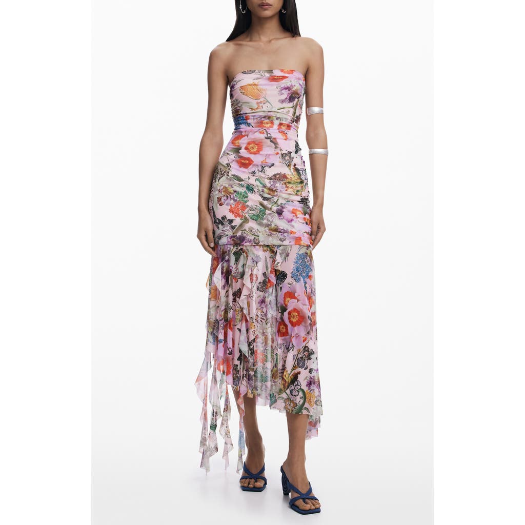 Desigual Ruched Ruffle Hem Asymmetric Maxi Dress In Multi