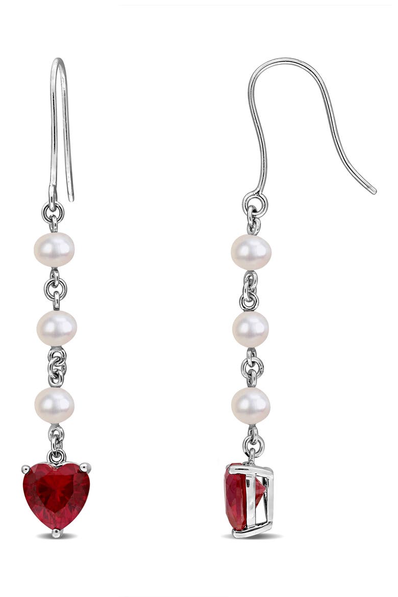 Sterling Silver Cultured Pearl & Lab Grown Ruby Heart Drop Earrings, Main, color, RED