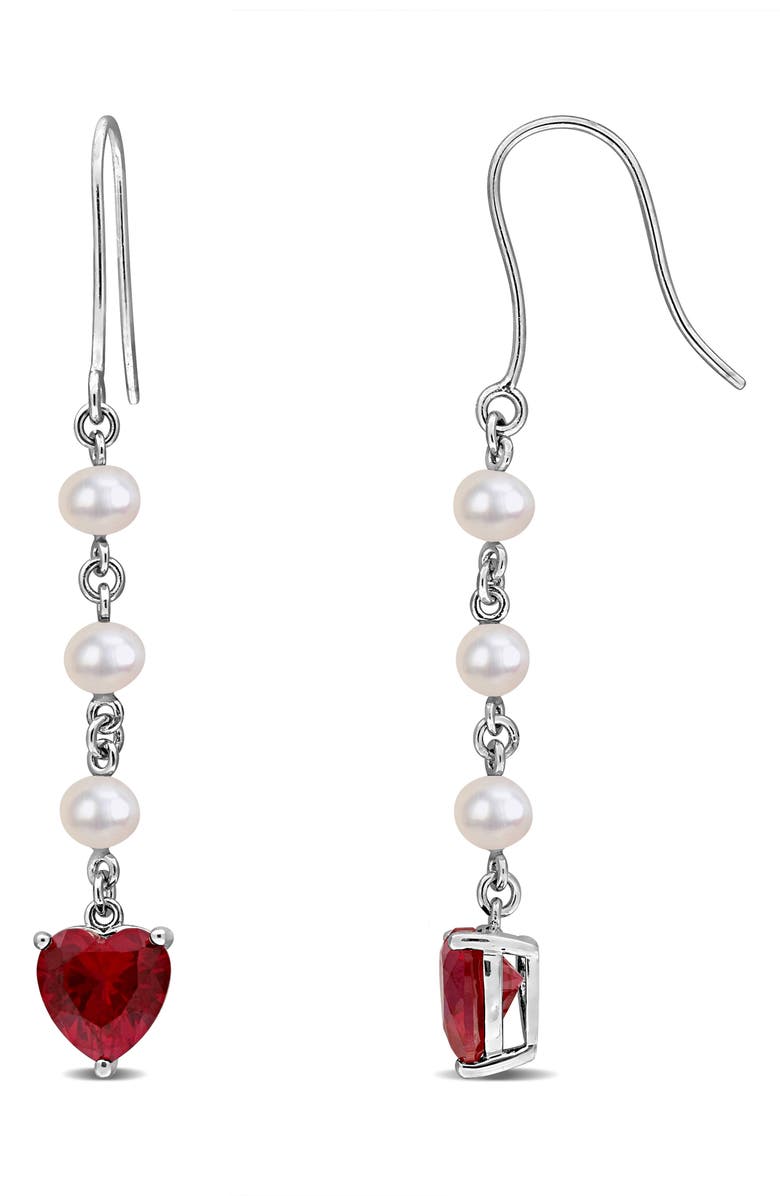 DELMAR Sterling Silver Cultured Pearl & Lab Grown Ruby Heart Drop Earrings, Main, color, 