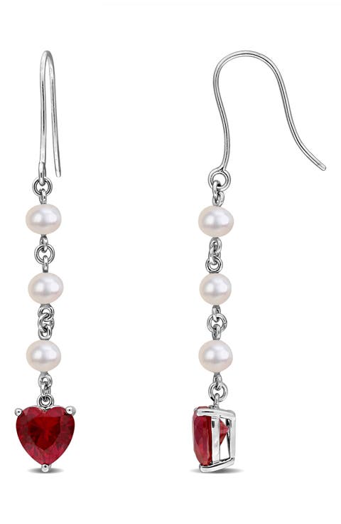 Sterling Silver Cultured Pearl & Lab Grown Ruby Heart Drop Earrings
