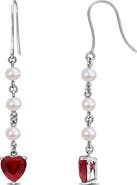 DELMAR Sterling Silver Cultured Pearl & Lab Grown Ruby Heart Drop Earrings