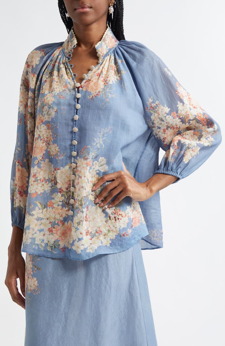 Zimmermann Cascadian Billow Linen Button-Up Shirt, Alternate, color, Blue Botanical Floral