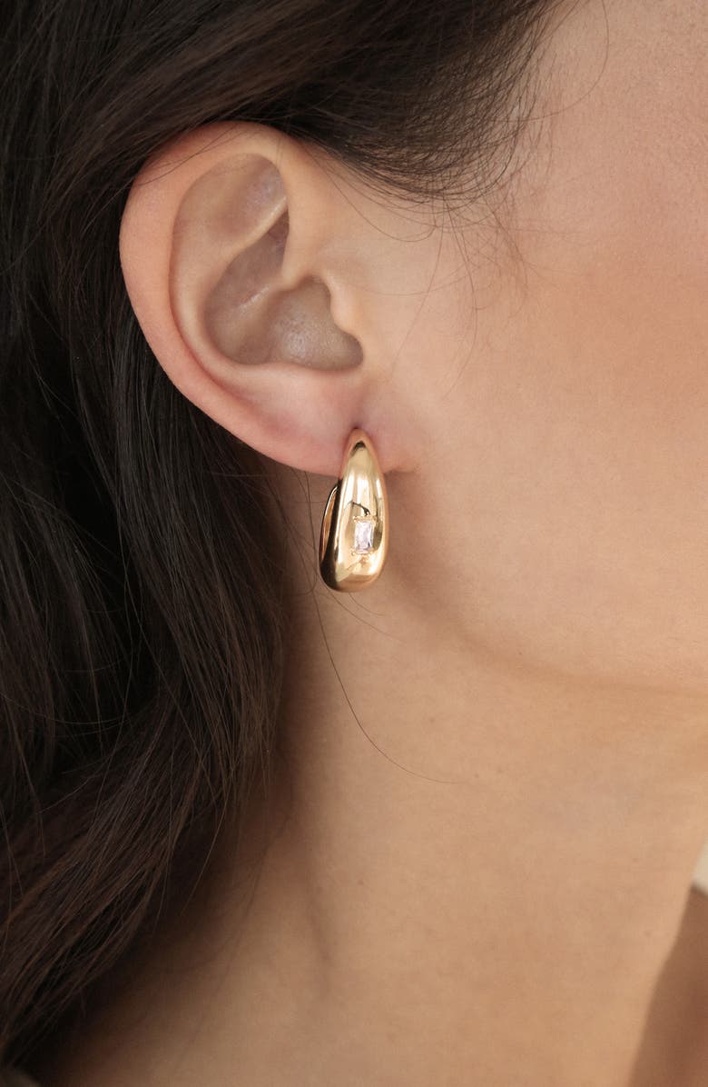 Ettika Oval Dome Cubic Zirconia Baguette Hoop Earrings, Alternate, color, Gold