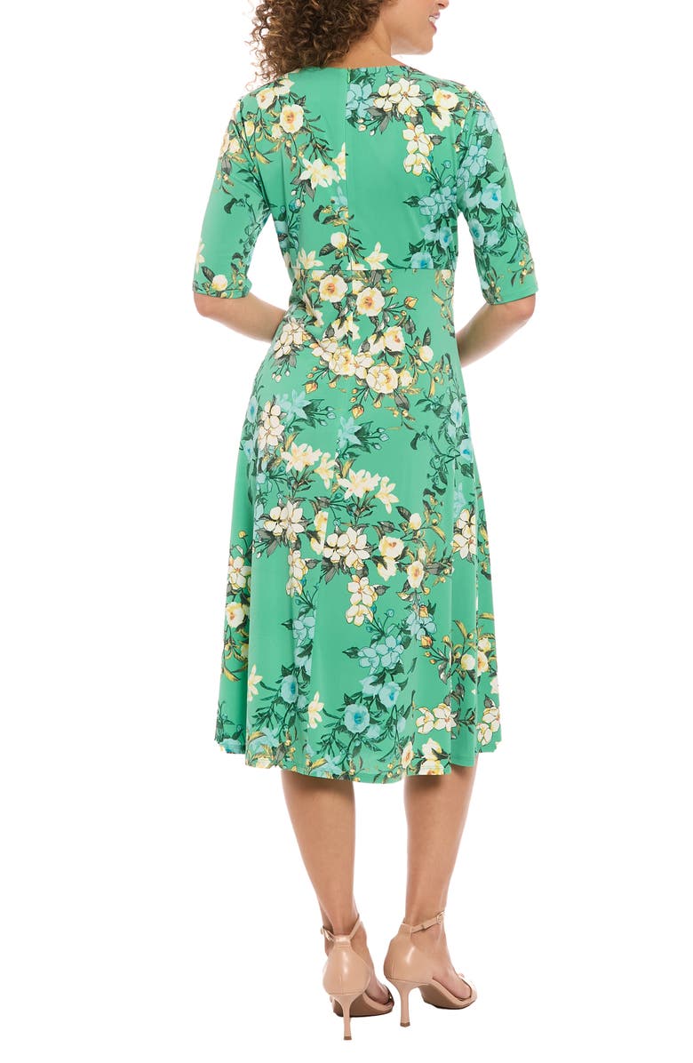 London Times Floral Elbow-Length Sleeve Keyhole Midi Dress, Alternate, color, Green/ Coral