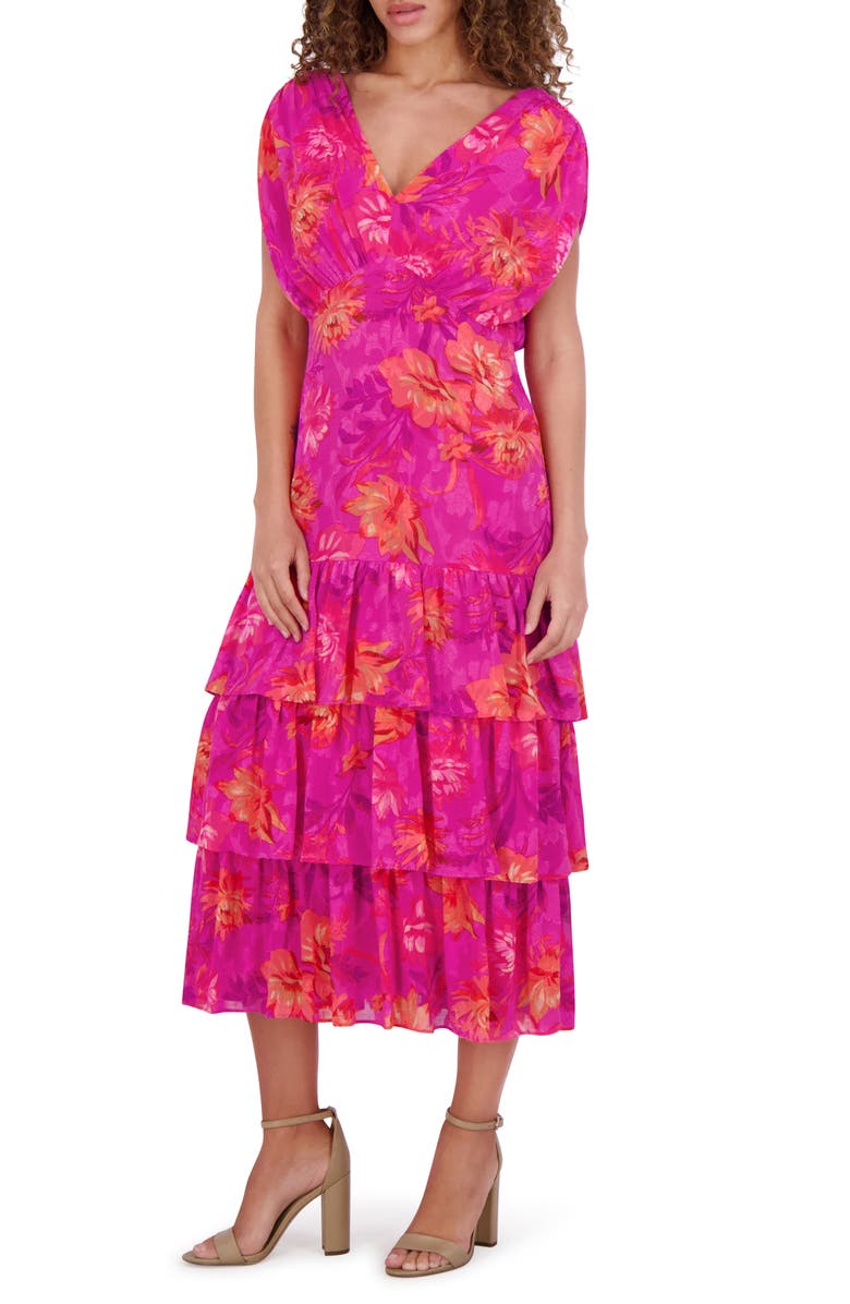 Kensie Floral Cap Sleeve Burnout Chiffon Tiered Maxi Dress, Alternate, color, Fuschia Mu