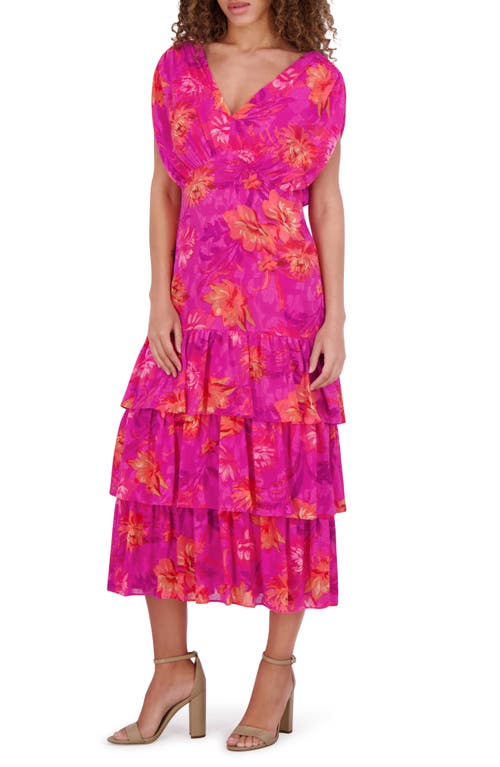 Kensie Floral Cap Sleeve Burnout Chiffon Tiered Maxi Dress In Fuschia Mu