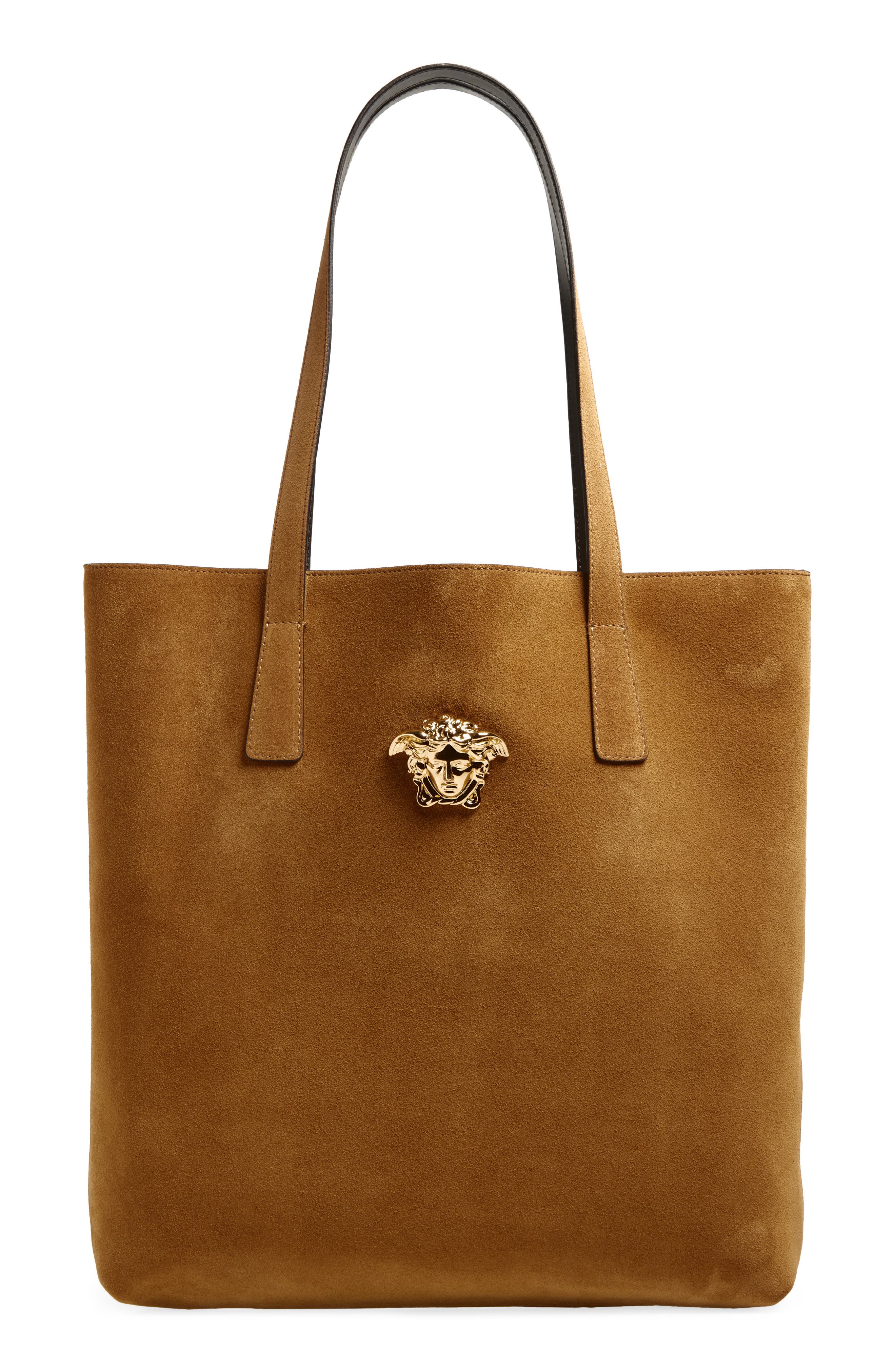 Versace Suede Tote, Main, color, Cognac-Versace Gold