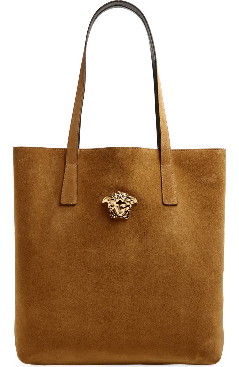 Versace Suede Tote, Main, color, Cognac-Versace Gold