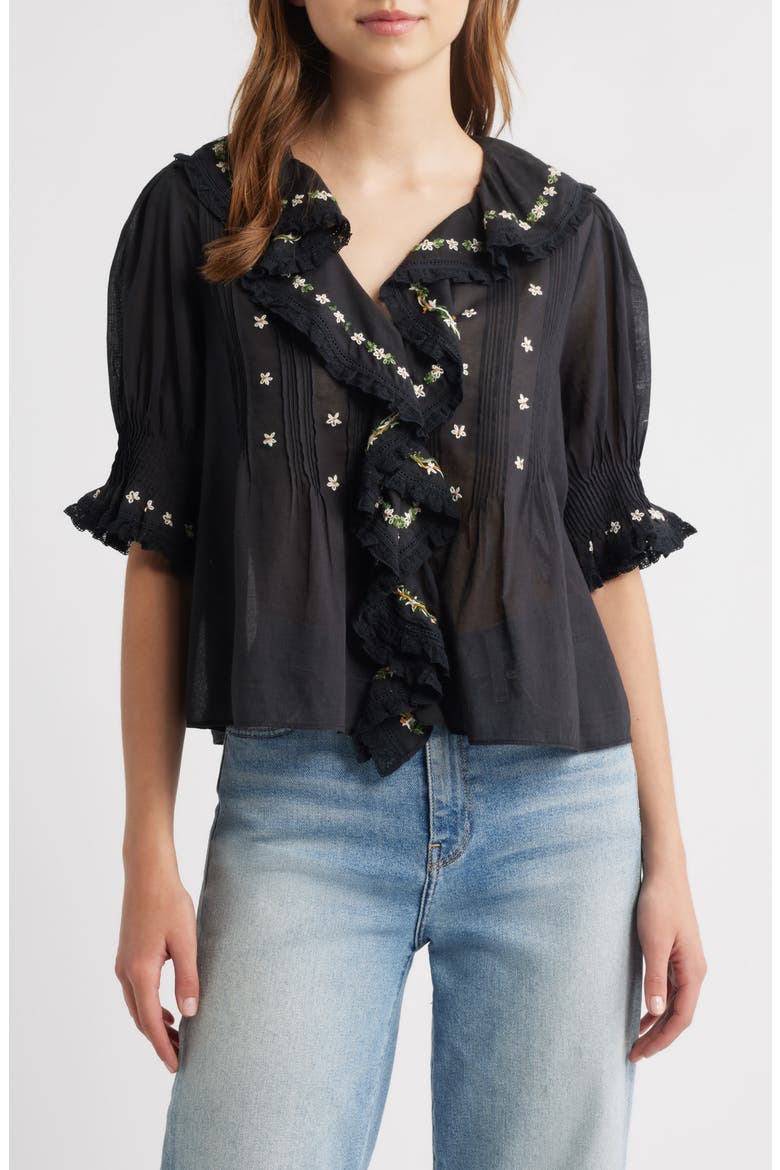 Hettie Embroidered Ruffle Organic Cotton Top, Alternate, color, BLACK