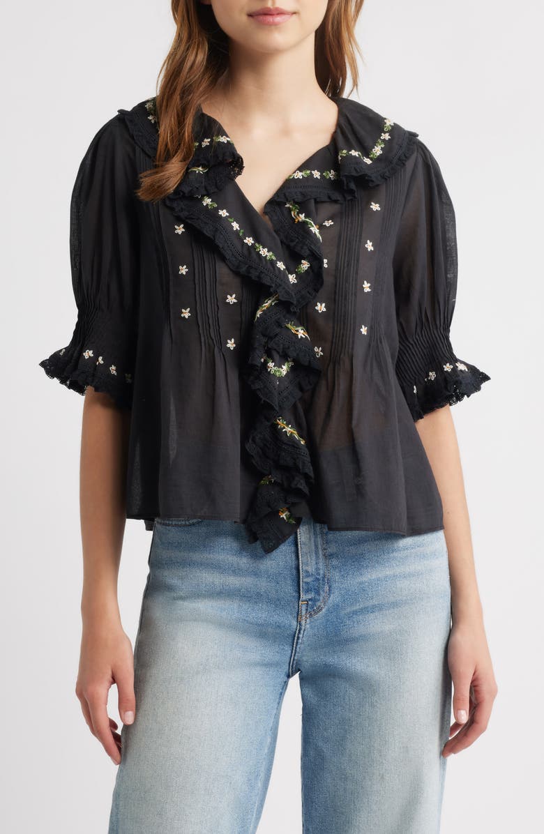 DÔEN Hettie Embroidered Ruffle Organic Cotton Top, Alternate, color, Black