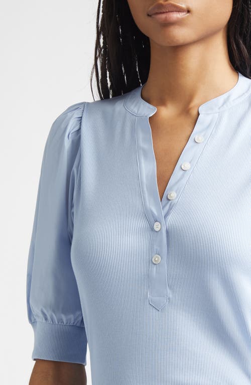 Veronica Beard Coralee Puff Sleeve Mixed Media Henley Top In Blue
