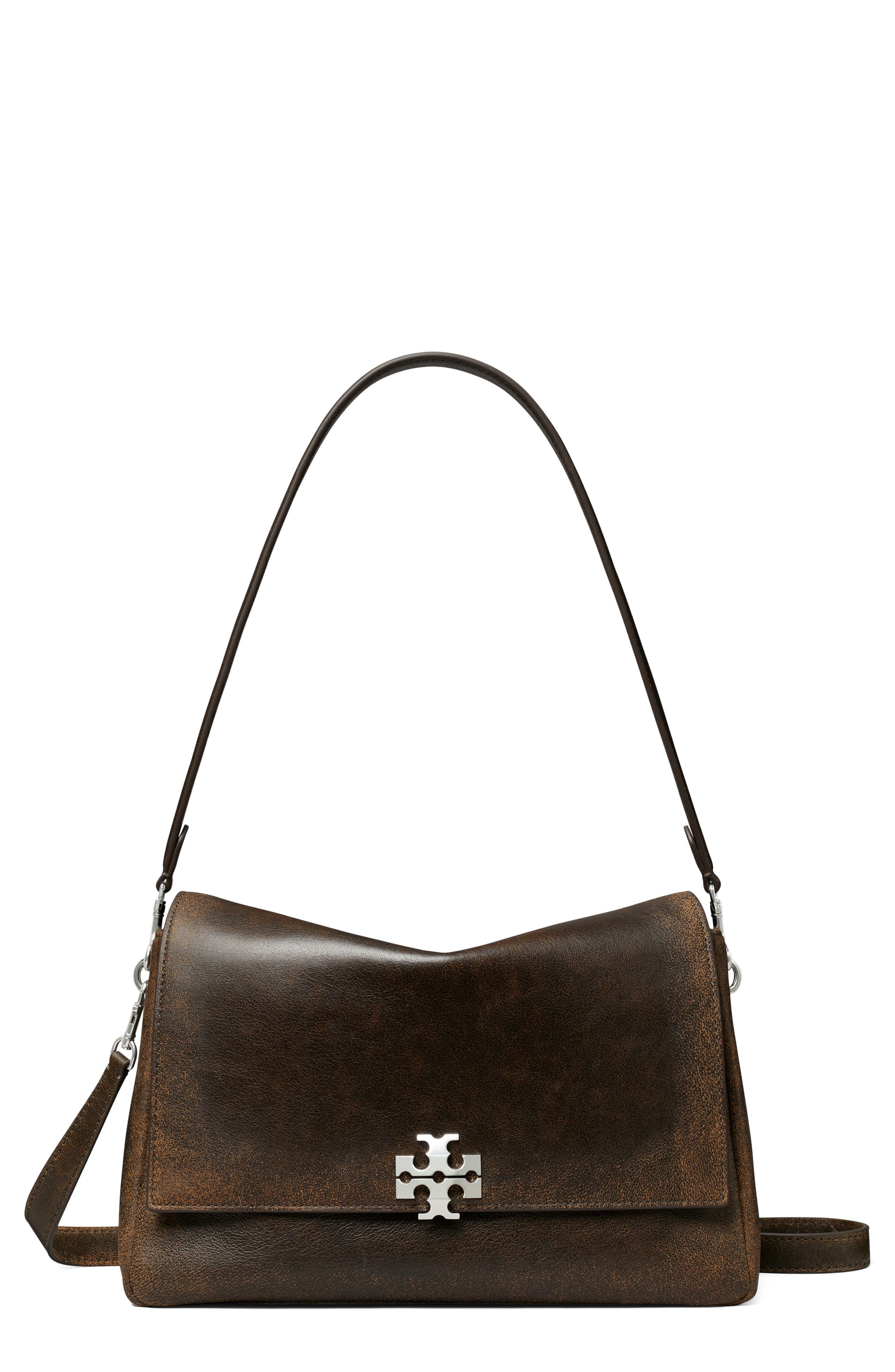 Charlie Distressed Leather Shoulder Bag, Main, color, DARK ROAST