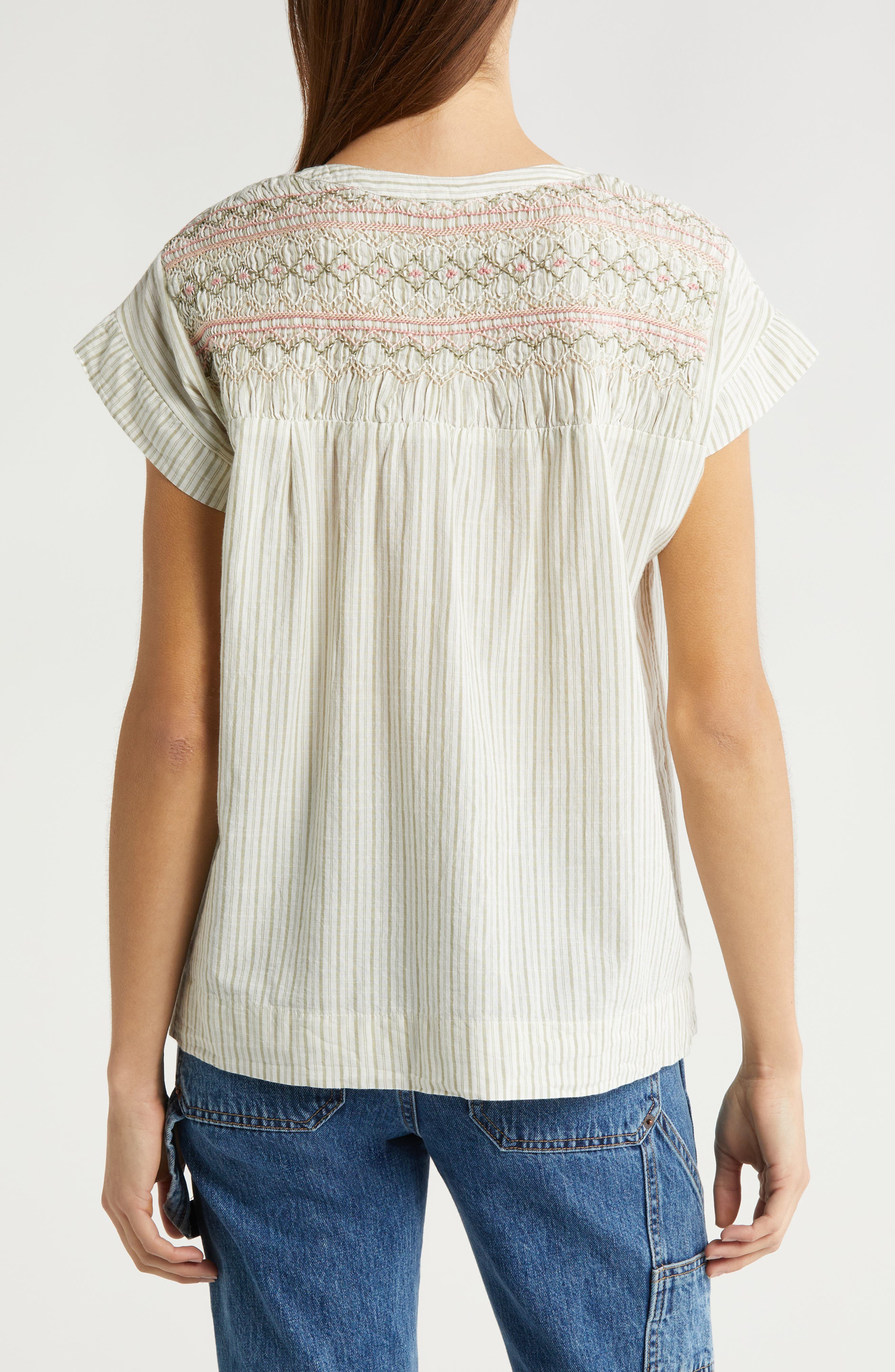 Stripe Smocked Short Sleeve Cotton Top - image 2