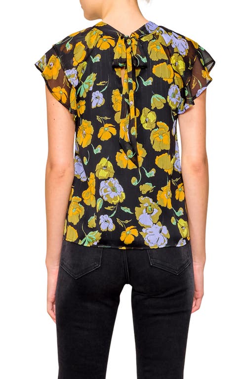 Melloday Flutter Sleeve Chiffon Top In Black/blue Floral