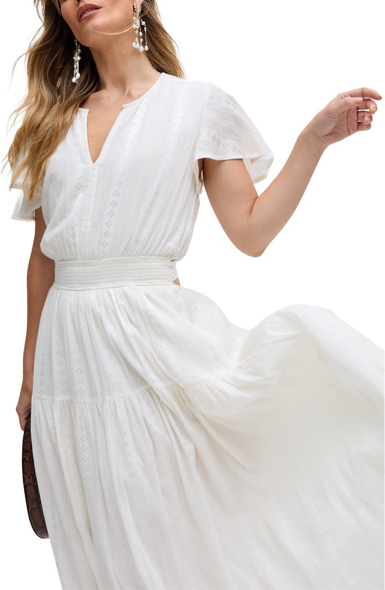 Raffya Candice Flutter Sleeve Jacquard Maxi Dress, Main, color, White