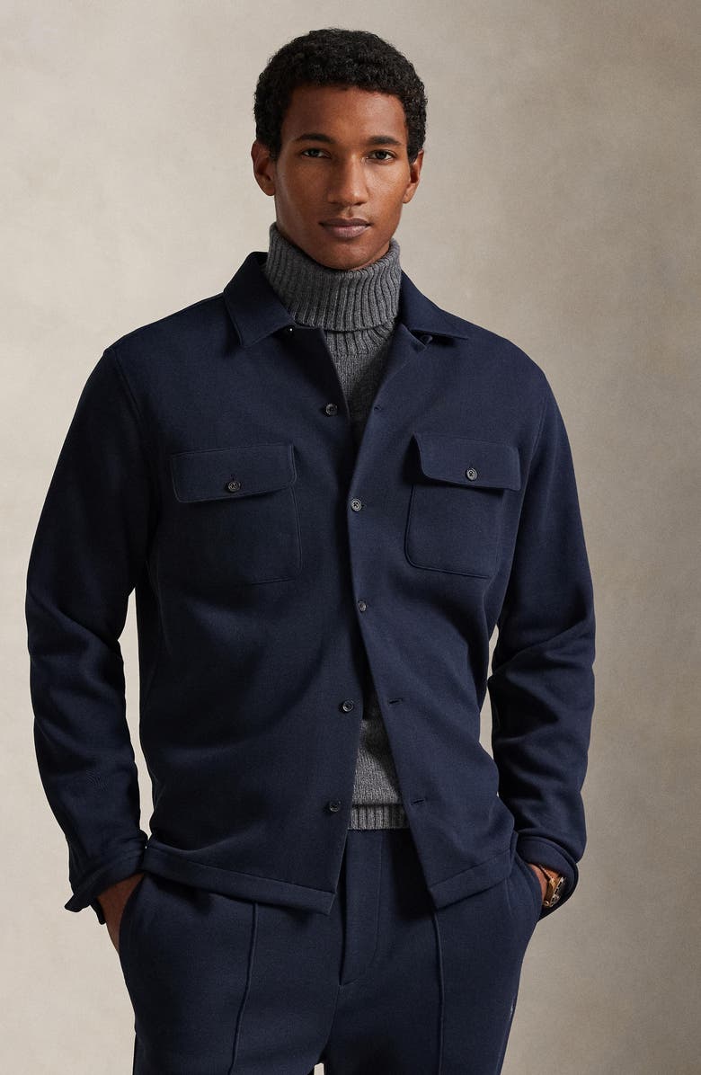 Polo Ralph Lauren Long Sleeve Double Knit Cotton Blend Camp Shirt, Alternate, color, Aviator Navy