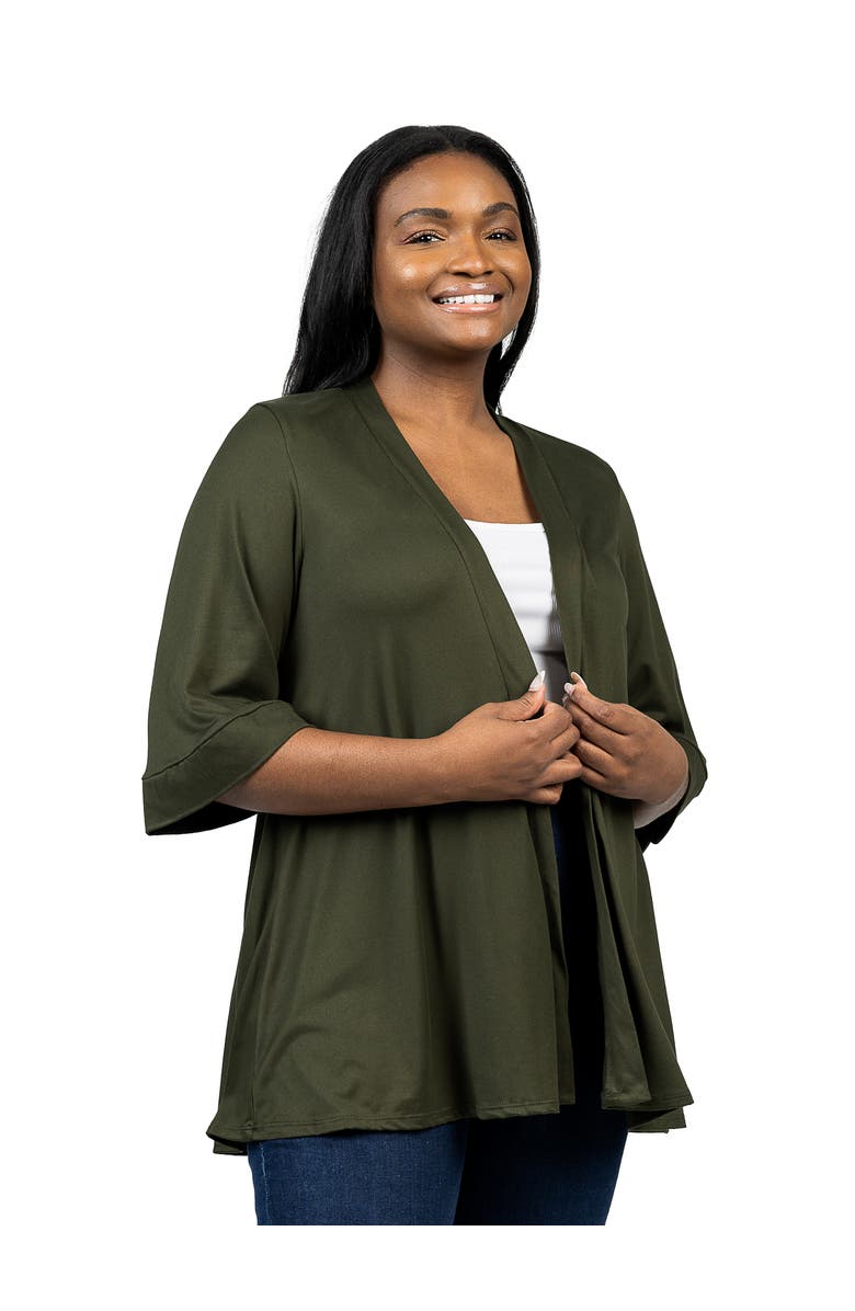 24seven Comfort Apparel Elbow Length Sleeve Open Front Cardigan, Alternate, color, Olive