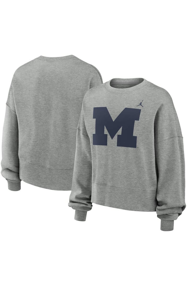 Jordan Brand Women's Jordan Brand Heather Gray Michigan Wolverines Essential Fleece Oversized Logo Pullover Sweatshirt, Main, color, 