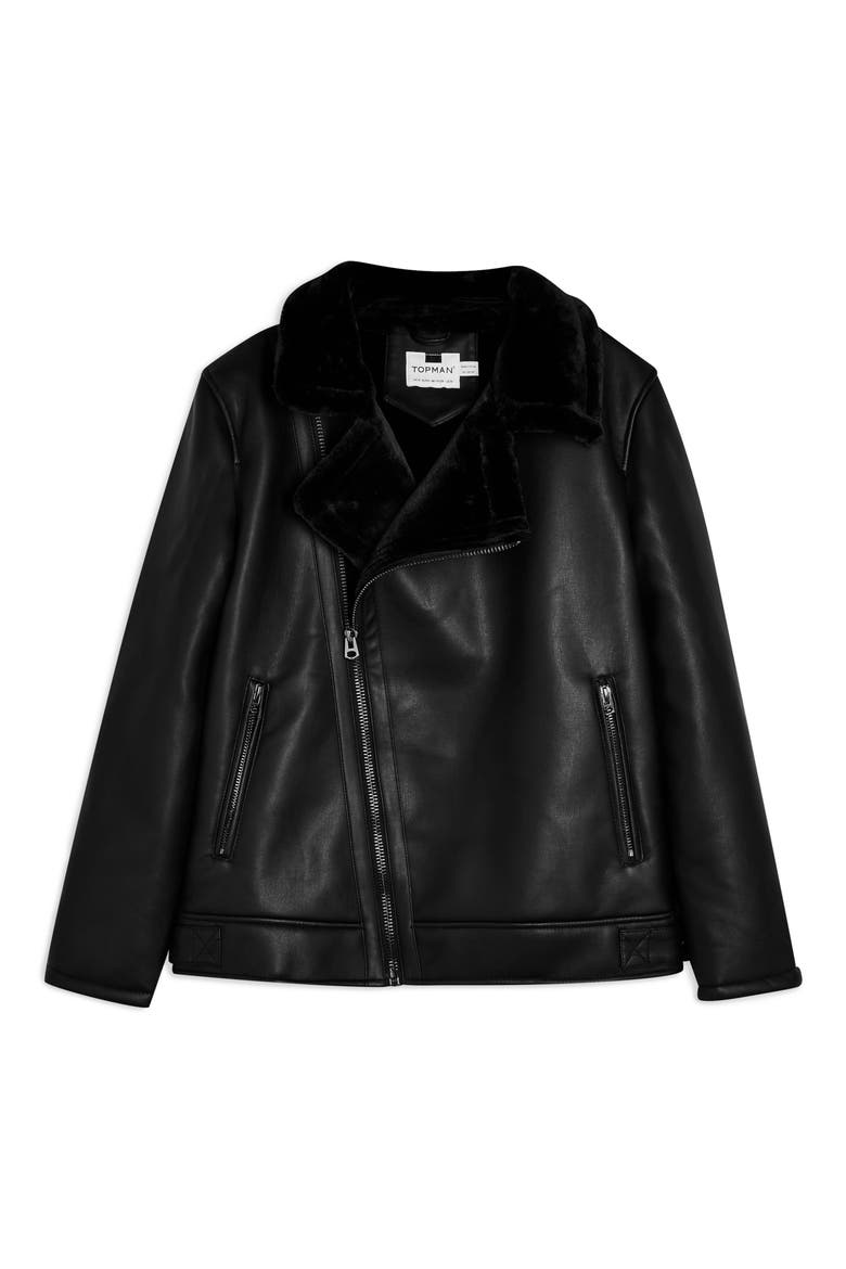 Faux Shearling Trim Faux Leather Biker Jacket, Alternate, color, BLACK